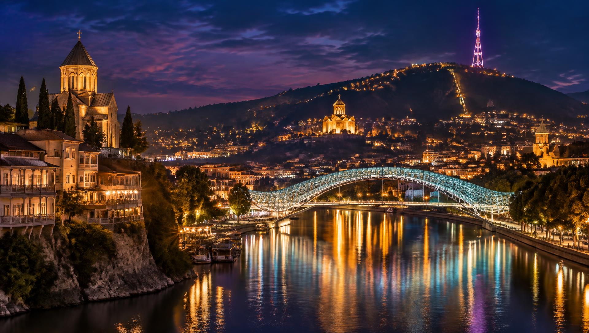 Tbilisi Old Town and the Bridge of Peace illuminated at night